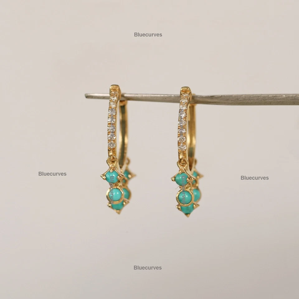 Princess & Round Cut Turquoise & Natural Diamond Drop Hoops Earrings 14k Gold - Image 3 of 4