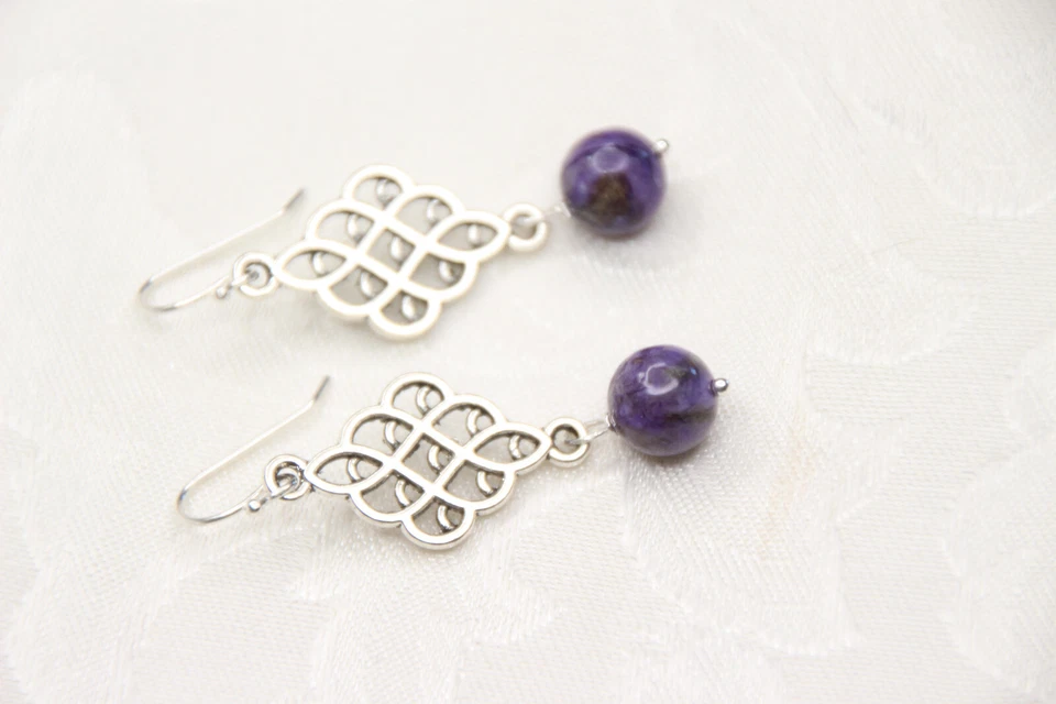 Sugilite Purple 8mm Ball Natural Gemstone .925 Sterling Silver Earrings 1 3/4" Foto 4 de 4