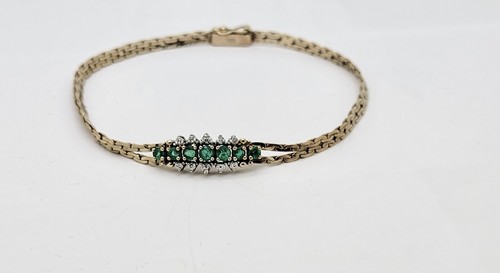 VINTAGE 14K WEAVE LINK EMERALDS & DIAMONDS SLIMLINE BRACELET,7.25" - Picture 8 of 13
