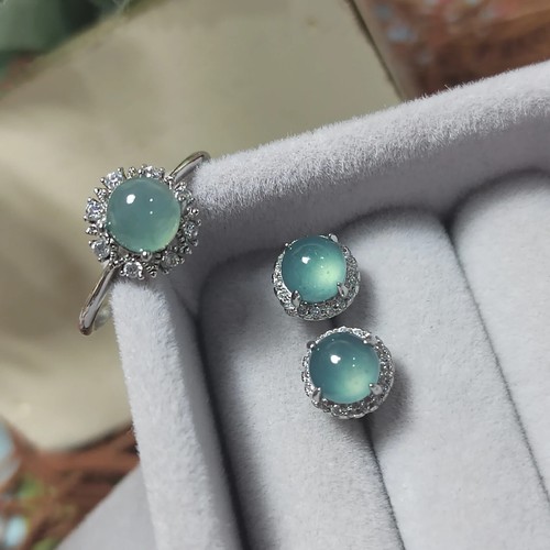 Round Ocean Blue 2pcs Set Light Bump Natural Earring & Ring Jadeite SL075 - Picture 8 of 8
