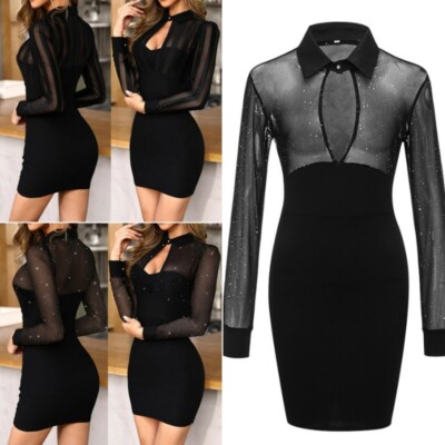 Sexy Women's Mesh Sheer Long Sleeve V-Neck Bodycon Evening Party Club Mini  Dress | eBay