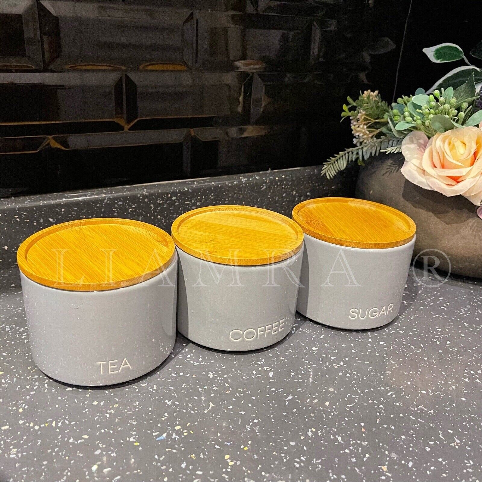 stacking tea coffee sugar canisters Ceramic Grey Set Of 3 Kitchen