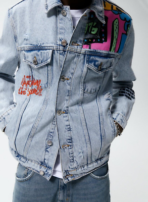 ZARA Man Graffiti Grunge Printed Denim Jacket Blue 1466/455
