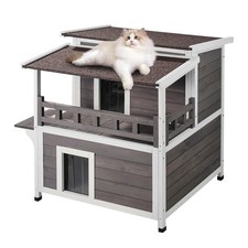 Outdoor Cat House Weatherproof Feral Cat Shelter with Balcony Door and Open Roof