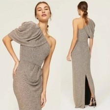 Black Halo EVE Egan One Shoulder Metallic Gown 0 Gold Luxe Long Stretch Pleated