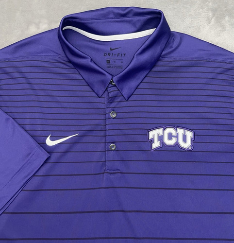 TCU HORNED FROGS Mens XL NIKE Dri-FIT Polo Shirt Golf Performance Purple Striped