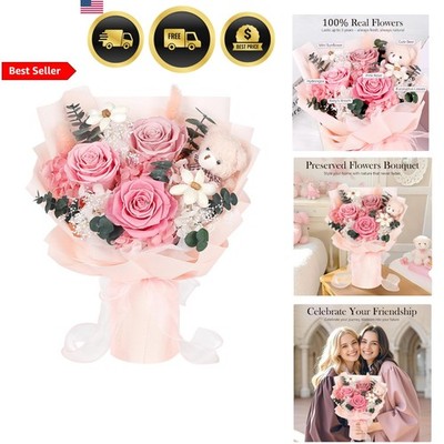 Preserved Flowers Bouquet with Bear Long Lasting Pink Roses Gift for Women
