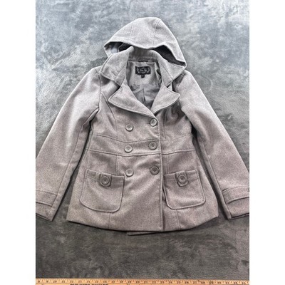 Outer Edge Womens Grey Double Breasted Hooded Pea Coat Jacket Small RN57686