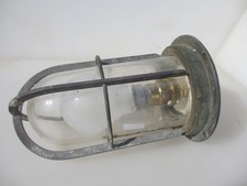 Antique Brass Ship Caged Lamp Bulkhead Cabin Light Old Glass Dome Vintage 12.5"H