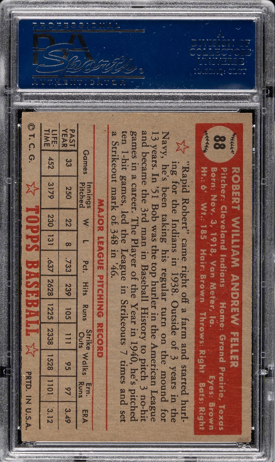 1952 TOPPS #88 BOB FELLER VINTAGE HALL OF FAME CLEVELAND INDIANS EX+ PSA 5.5 view 2