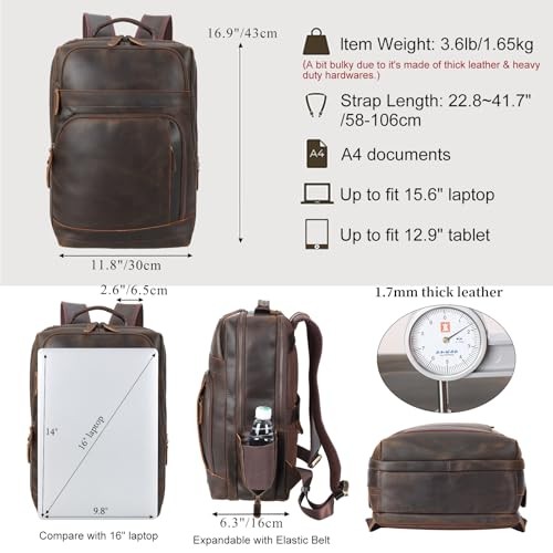 Brown Leather Laptop Backpack for Men Fits 16” 15.6” Computer, Vintage - Picture 3 of 7