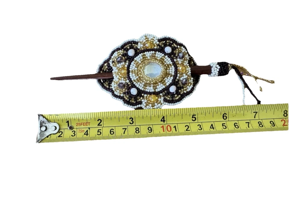 Handmade Tibetan Tribal Hair Stick Bun Pin Glass Beaded Gypsy Boho Leather Back - Image 4 of 4