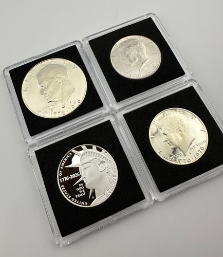 1964 to 2026 4 Coin SILVER Set ~ Kennedy Half Dollar & Eisenhower Bicentennial