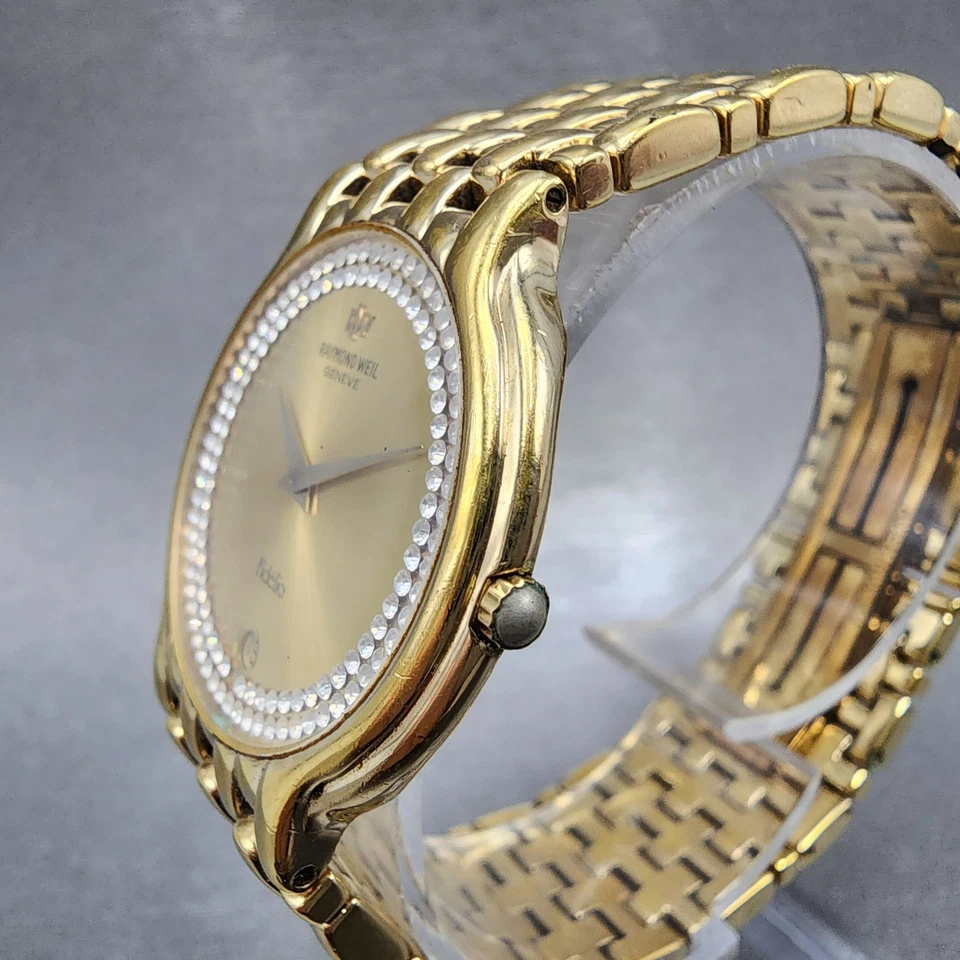 Relógio masculino Raymond Weil Fidelio 32 mm mostrador dourado data folheado a ouro 4802 nova bateria - Imagem 3 de 4