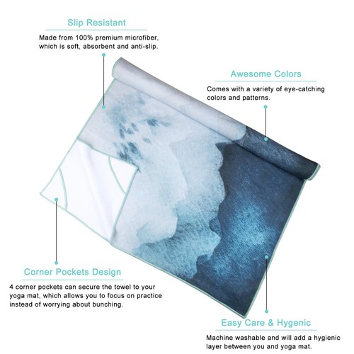 QiyI Yoga Mat Towel with Corner Pockets, Non Slip Sweat Absorbent Hot Yoga To... - Picture 6 of 9