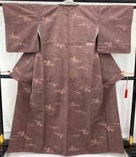 Japanese Vintage Kimono Silk Purple Yuki Tumugi Traditional Authentic Length62in