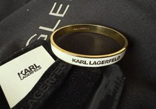 Image of Karl Lagerfeld White & Gold Tone Enamel Logo Bangle Bracelet Signed