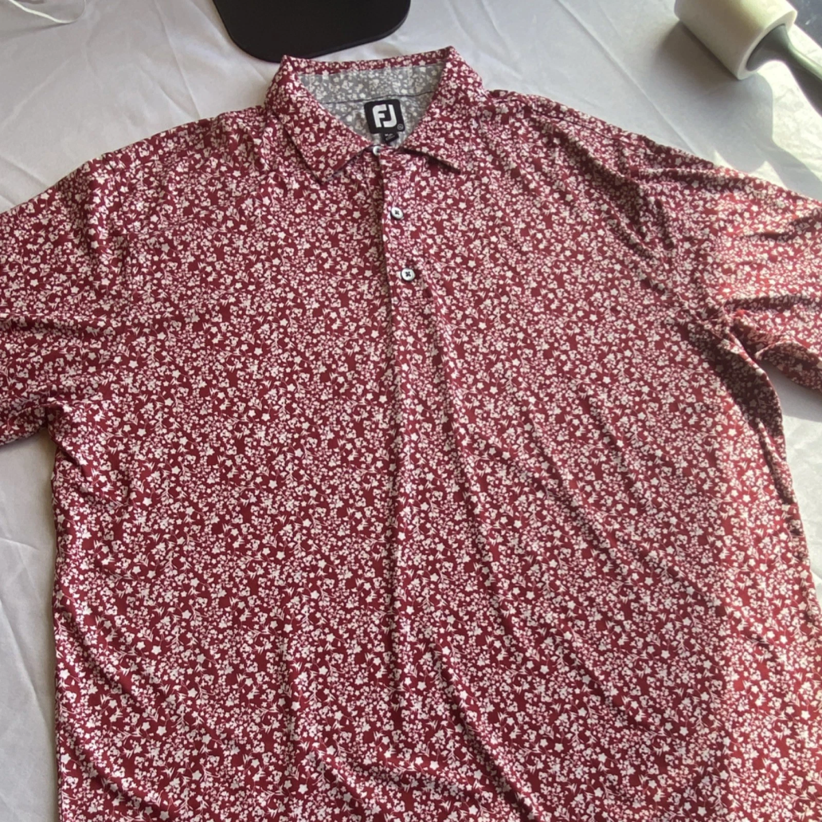 FootJoy Floral Button-Up Shirt Red White Short Sleeve Men’s XL Currituck Club