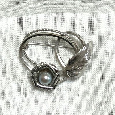 Showa Retro Blue Pearl Silver Brooch Vintage Jewelry Collectible