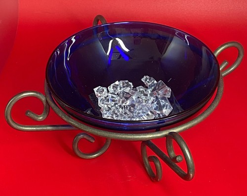 Cobalt Blue Bowl w/ Holder & Faux Glass Crystals - Picture 2 of 3