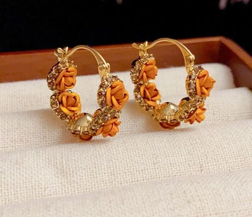 14K Gold Plated Rose Flower Earrings Tassel Dangle Drop Vintage Jewelry Gift