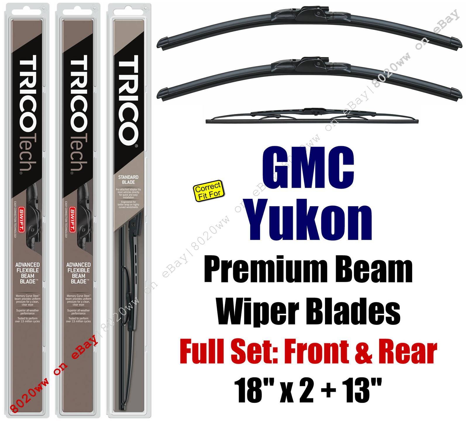 Wiper Blades 3Pack Front Rear Standard fit 19931999 GMC Yukon