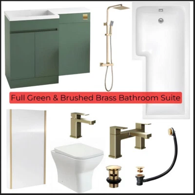 Full Bathroom Suite Green L Shape Vanity & Bath,Toilet ,Brushed Brass Shower,Tap