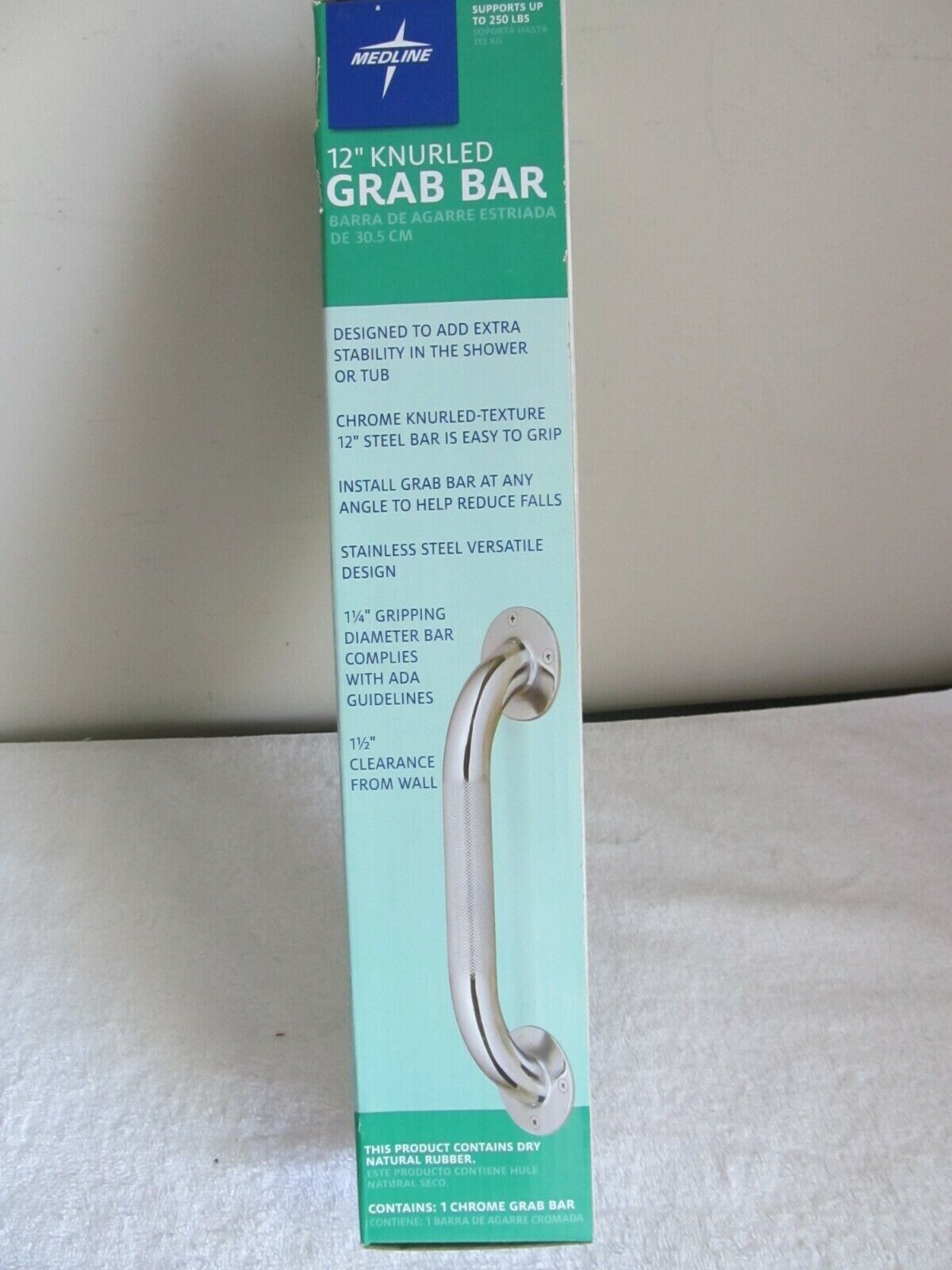 Medline Knurled Chrome Grab Bar 12 Inches/30.5 Cm ADA Compliant