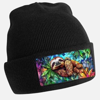 Black Beanie Hat with Cool Sloth Motif - Unisex Cap, Cotton