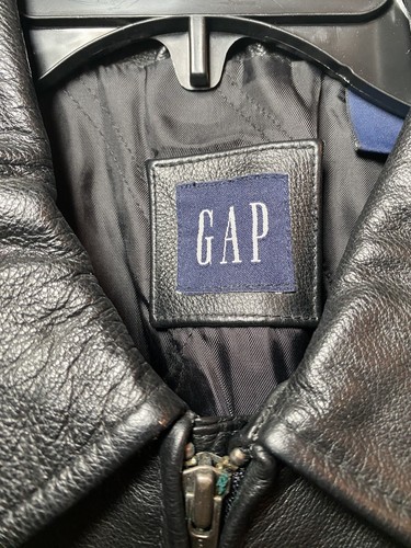 GAP Kids M Black Genuine Leather Jacket Zip Front Lined Coat VTG 2000 Y2K VG - Picture 4 of 14