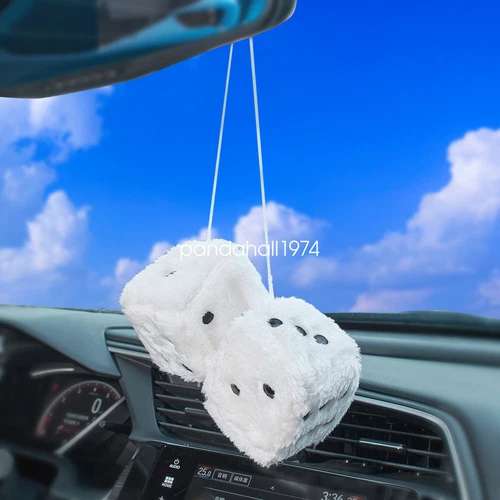1 Pair Auto White Fuzzy Dice Front Car Plush Hanging Rearview Mirror Decors