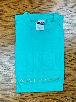 Vintage 90 Tultex Arizona Embossed Graphic Shirt Sz L Teal Aztec Southwestern 