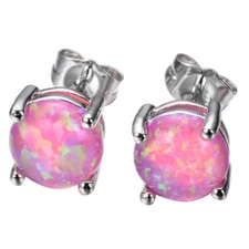 925 Sterling Silver Plated Purple Pink Fire Opal Gemstone Stud Earrings 6 MM New