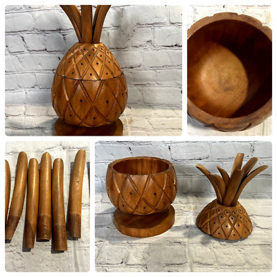 Vtg Leilani Pineapple Hand Carved Monkey Pod Wood Hor Dourves