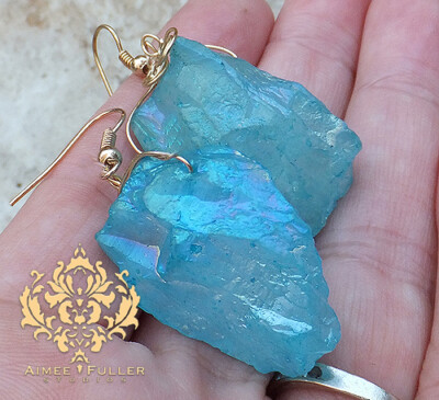 Aqua Turquoise Blue Rough Gem Raw Prism Quartz Stone Earrings Natural  Jewelry XL