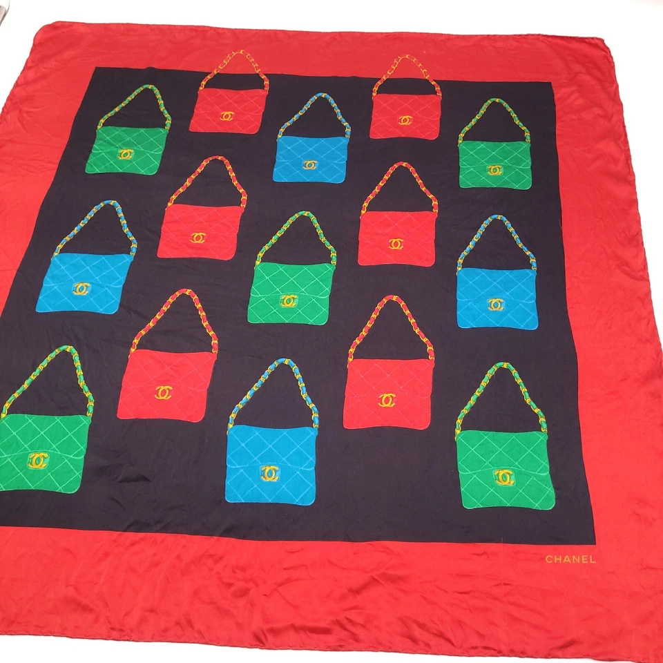 Chanel Scarf Silk Quilted Purse Print Logo Vintage Red Black Green Blue 34 x 34 - Image 2 of 4