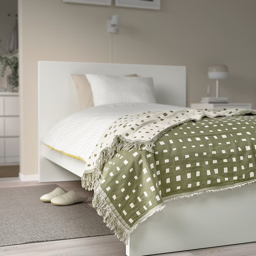 IKEA SVARTTÅG Plaid 130x170 cm – Graugrün/Weiß Baumwolldecke Tagesdecke - Bild 2 von 5