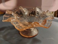 PINK GLASS RUFFLED EDGE PEDESTAL DISH WITH EMBOSSED FRUIT 9.5" X 5", UNBRANDED