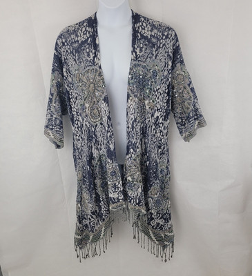 SOFT SURROUNDINGS Womens Emory Cardigan Sz S/M Beaded Artsy Boho BLUE Fringe