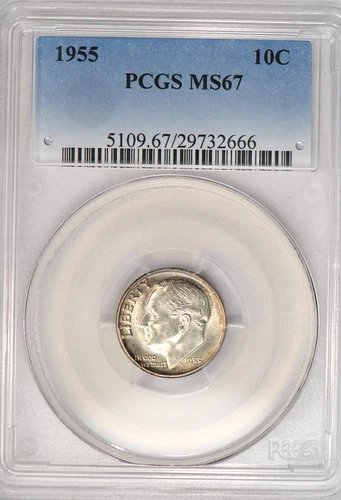 1955 Toned Roosevelt Dime PCGS MS 67 See Video Light Toning Silver Coin 10C