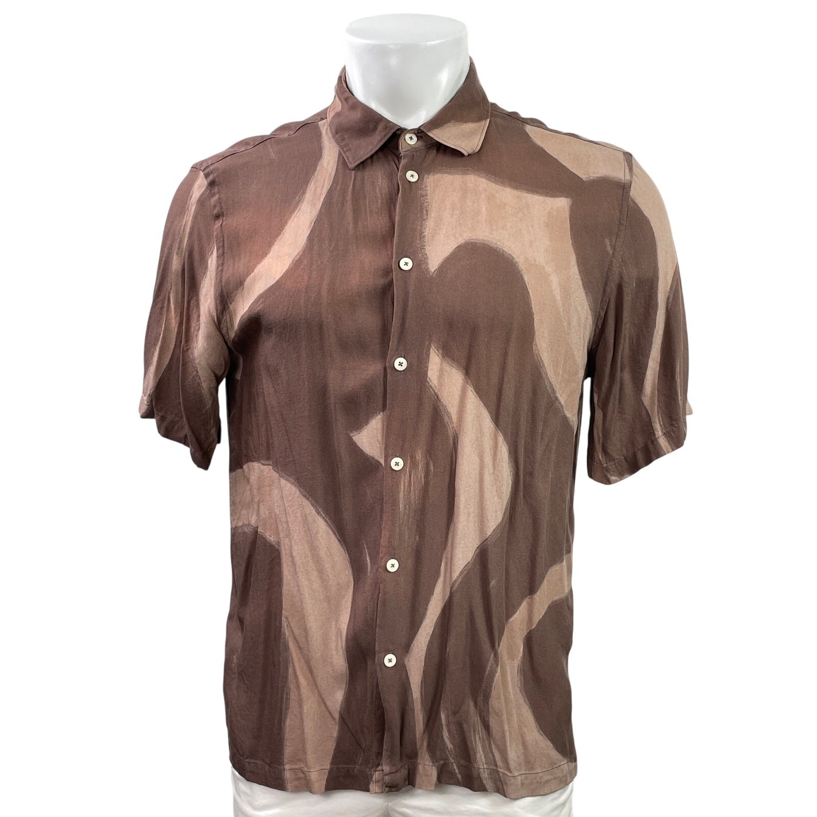 Zara Men's Brown Abstract Print Short Sleeve Collared Button Down Shirt Top M