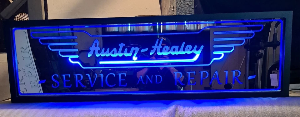 AUSTIN HEALEY SERVICE AND REPAIR MIRRORED BLUE LED LIGHTED SIGN - Image 3 of 4