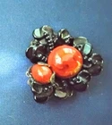 Miriam Haskell signed vintage black beaded amber lucite cabochon brooch