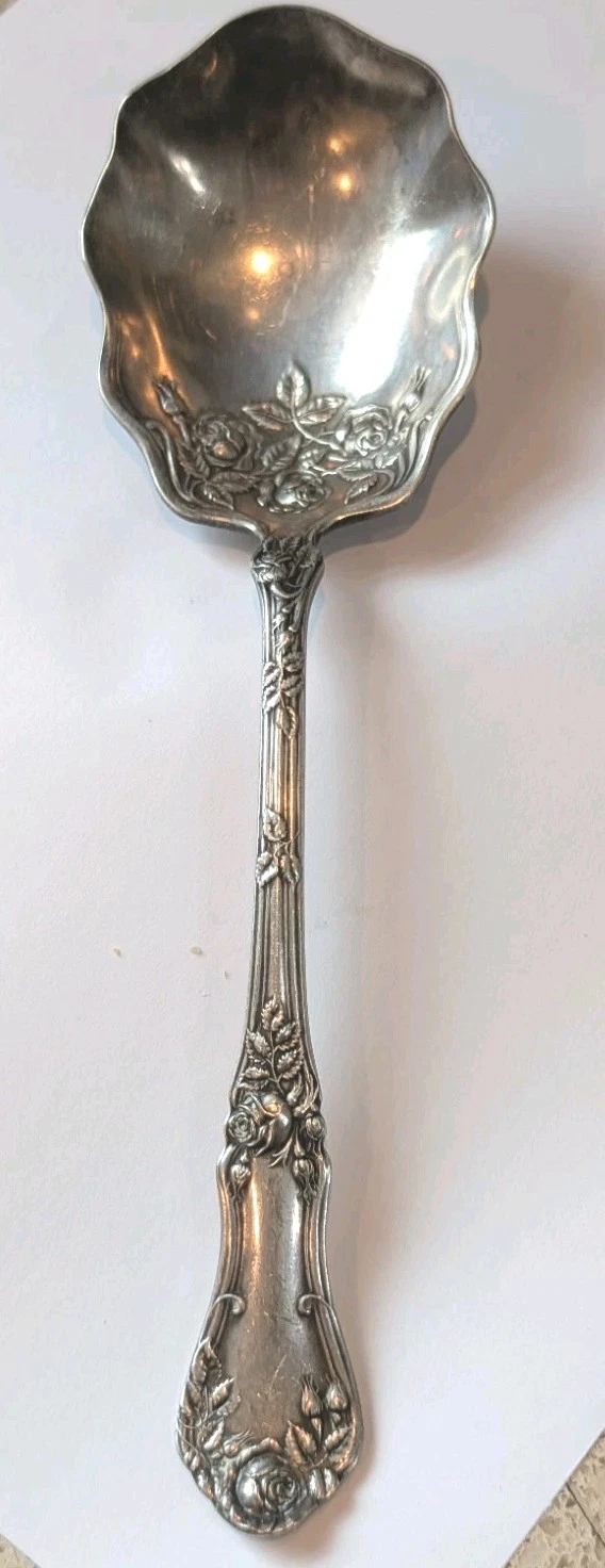 VINTAGE~WM ROGERS ~ AA ORNATE~ SILVER PLATE SERVING SPOON ~ 8.50" ~ Rose Design