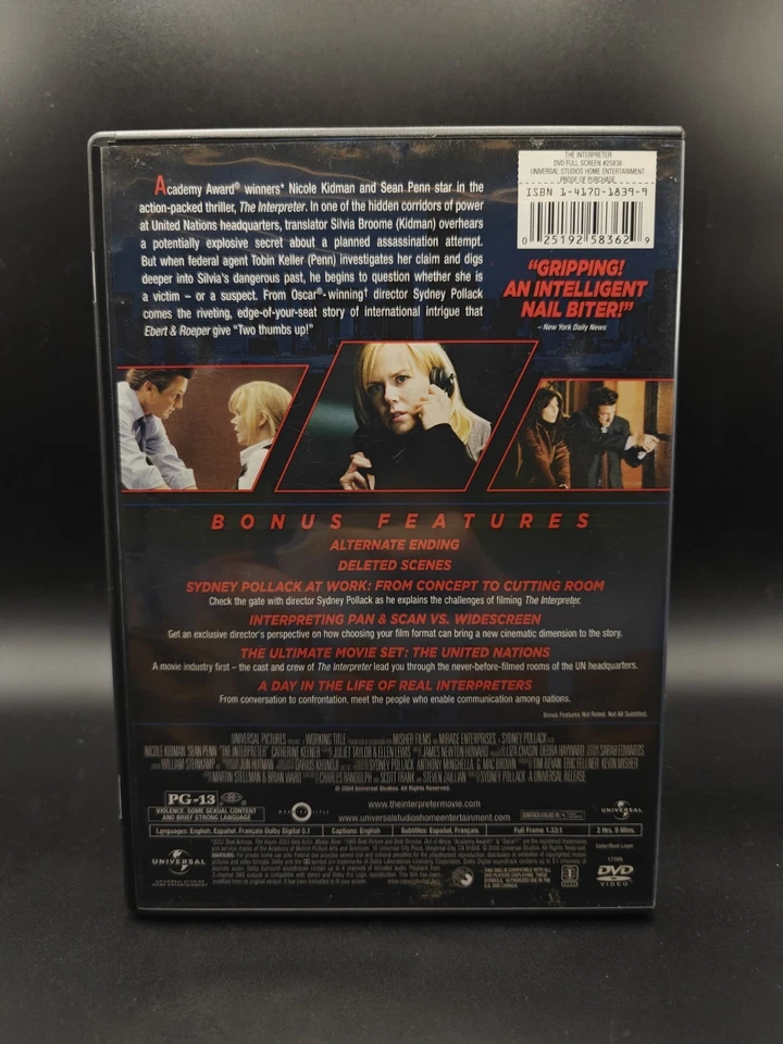 The Interpreter DVD 2005 Full Frame (Nicole Kidman, Sean Penn, Catherine Keener) - Image 2 of 4