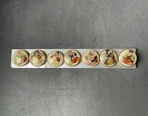 Vintage Satsuma Buttons 7 Immortal Gods Set Japan Ceramic Ivory Background