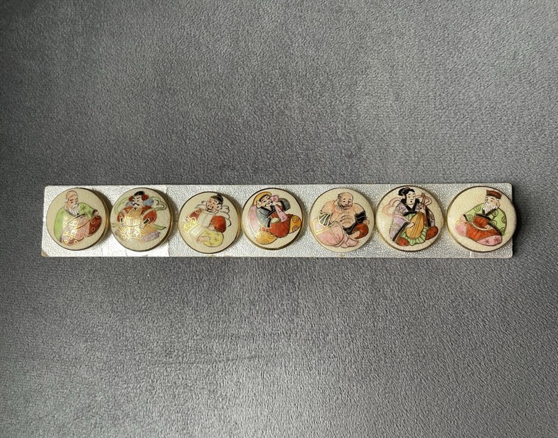 Vintage Satsuma Buttons 7 Immortal Gods Set Japan Ceramic Ivory Background