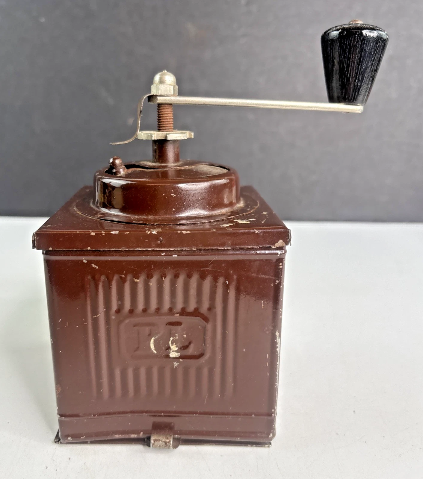 Vintage PL Brown Tin Coffee Tea Grinder Mill Nut Grinder Spice Pepper Mill Italy