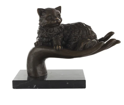 JS GartenDeko Sculpture Bronze Chat sur Main Symbole Soucis Socle Marbre 19,7 cm - Photo 1/4