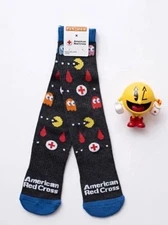 NEW 2025 American Red Cross Pac-Man Crew Socks & Yellow Gashapon Collectible Toy